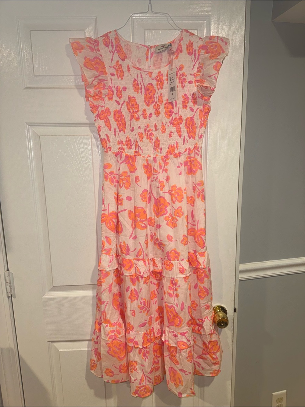 Vineyard Vines Pink & Orange Floral Smocked Midi Dress